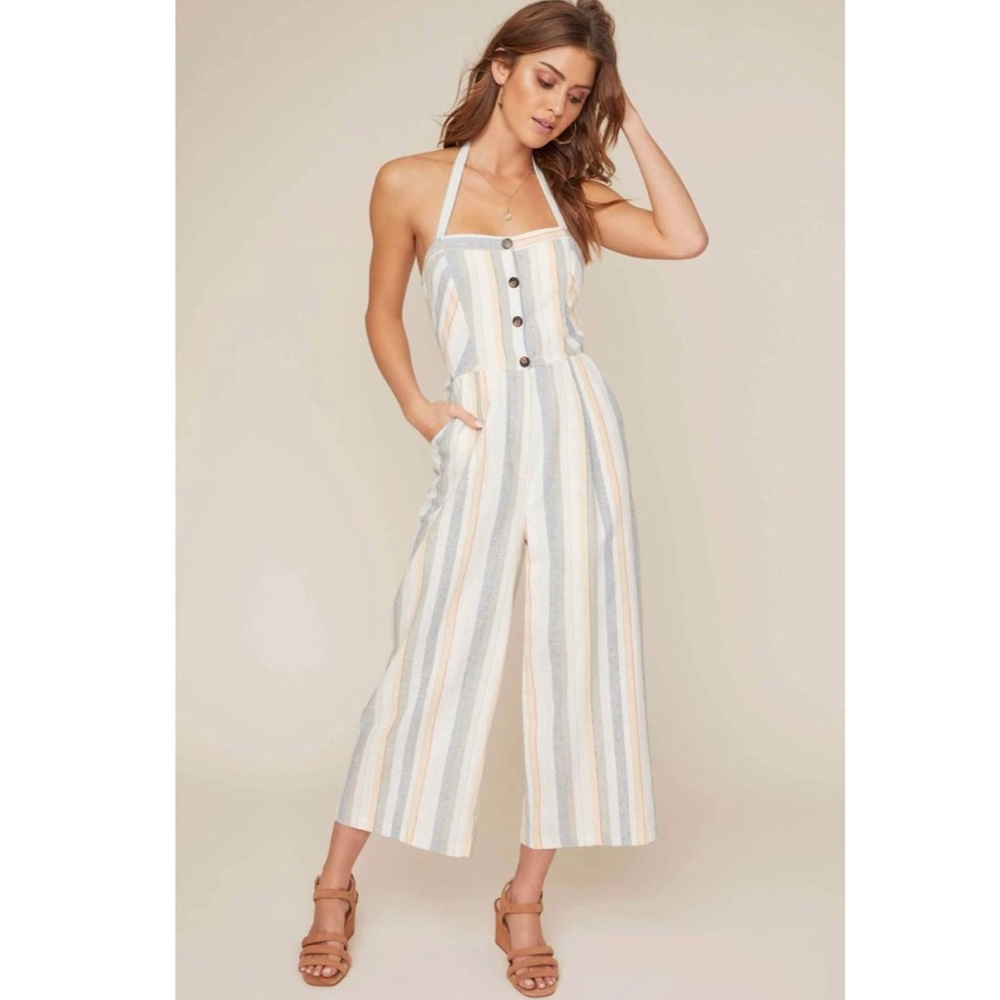 ASTR Diane Striped Linen Blend Halter Jumpsuit L
